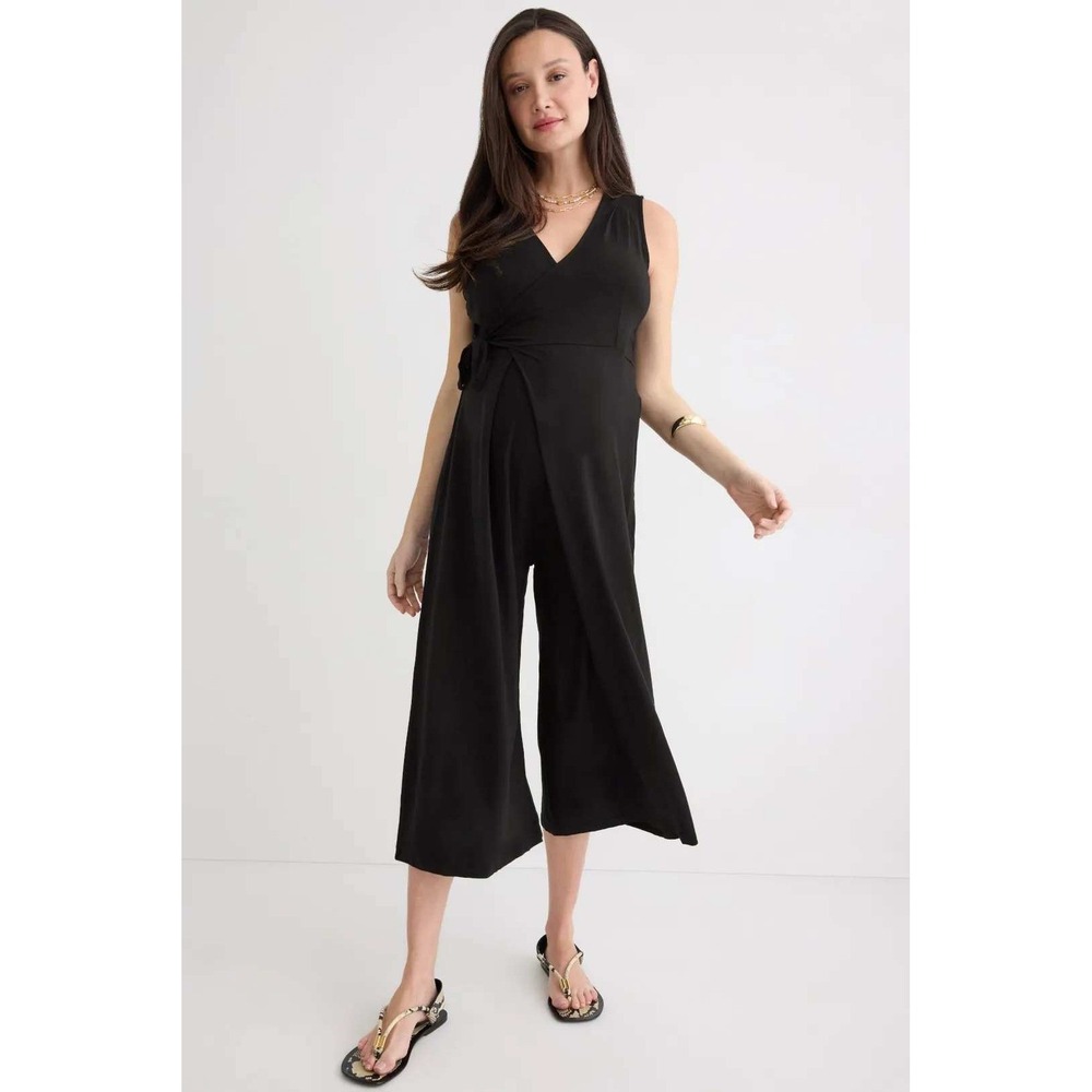 NOM Maternity Francesca Jumpsuit Black Sleeveless Wrap Tie Jersey Stretch Sz‎ L